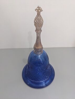 Avon Vintage 1980s Blue Glass Bell Shape Figurine Silver Tone Handle Etched